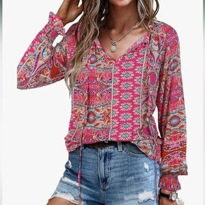 Angashion Pink and Orange Bohemian Blouse